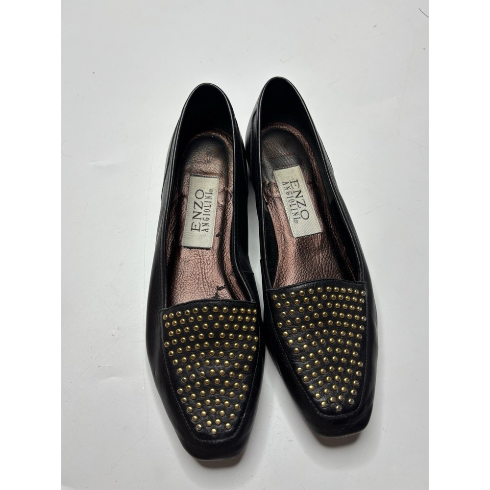 Enzo‎ Angiolini Black Gold Studded Leather Loafer Flats Women's 6.5 M Preppy VTG